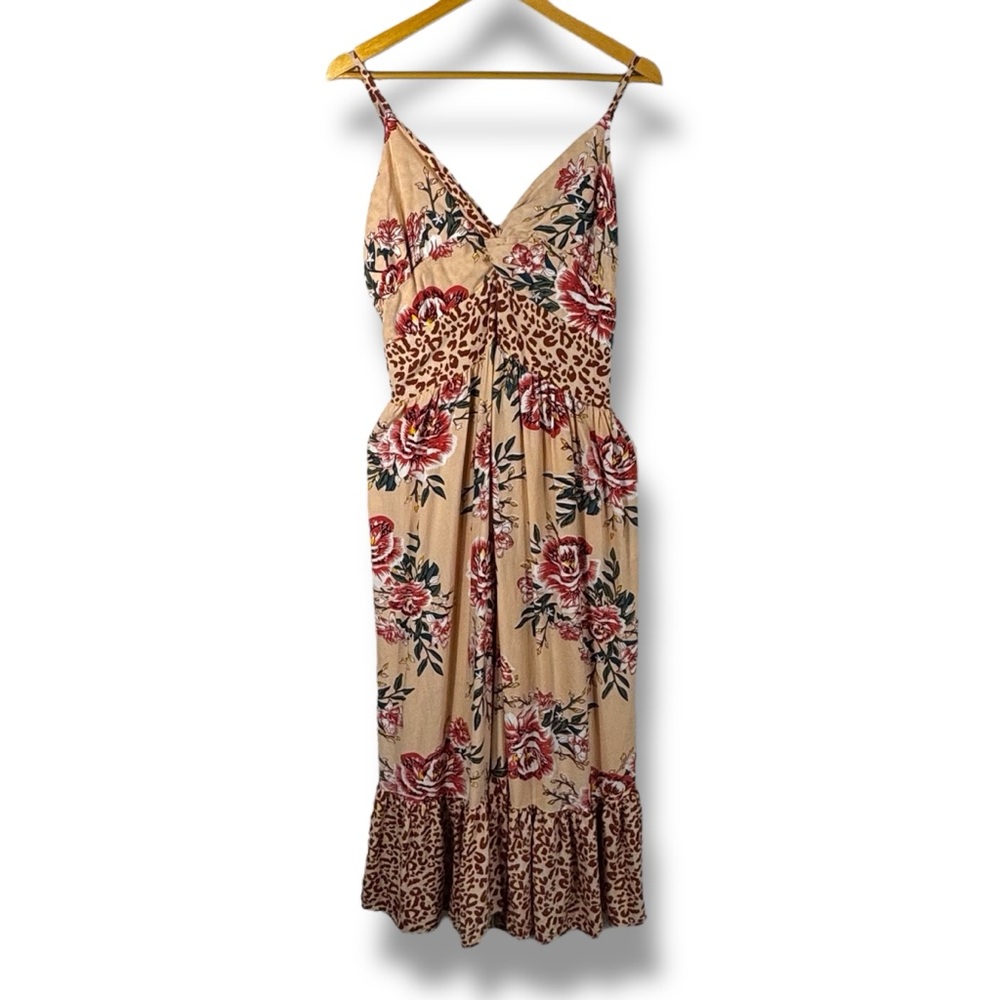 ARULA Twist Front Smocked Back Flounced Hem Midi Dress, Floral/Leopard Print, X